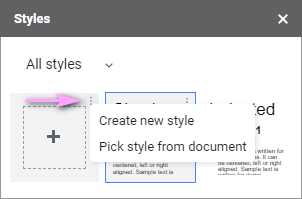The add-style tile with its three-dots menu open showing two ways to create a style.