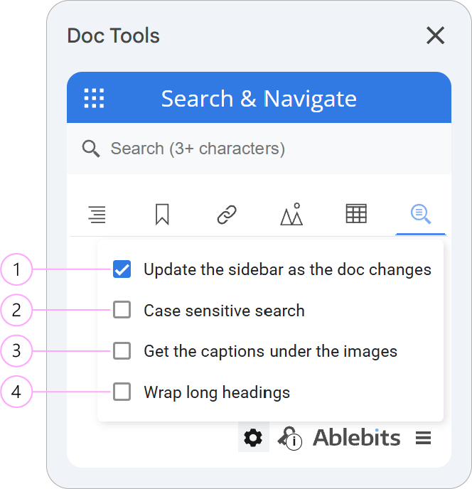 The options panel with three checkboxes.