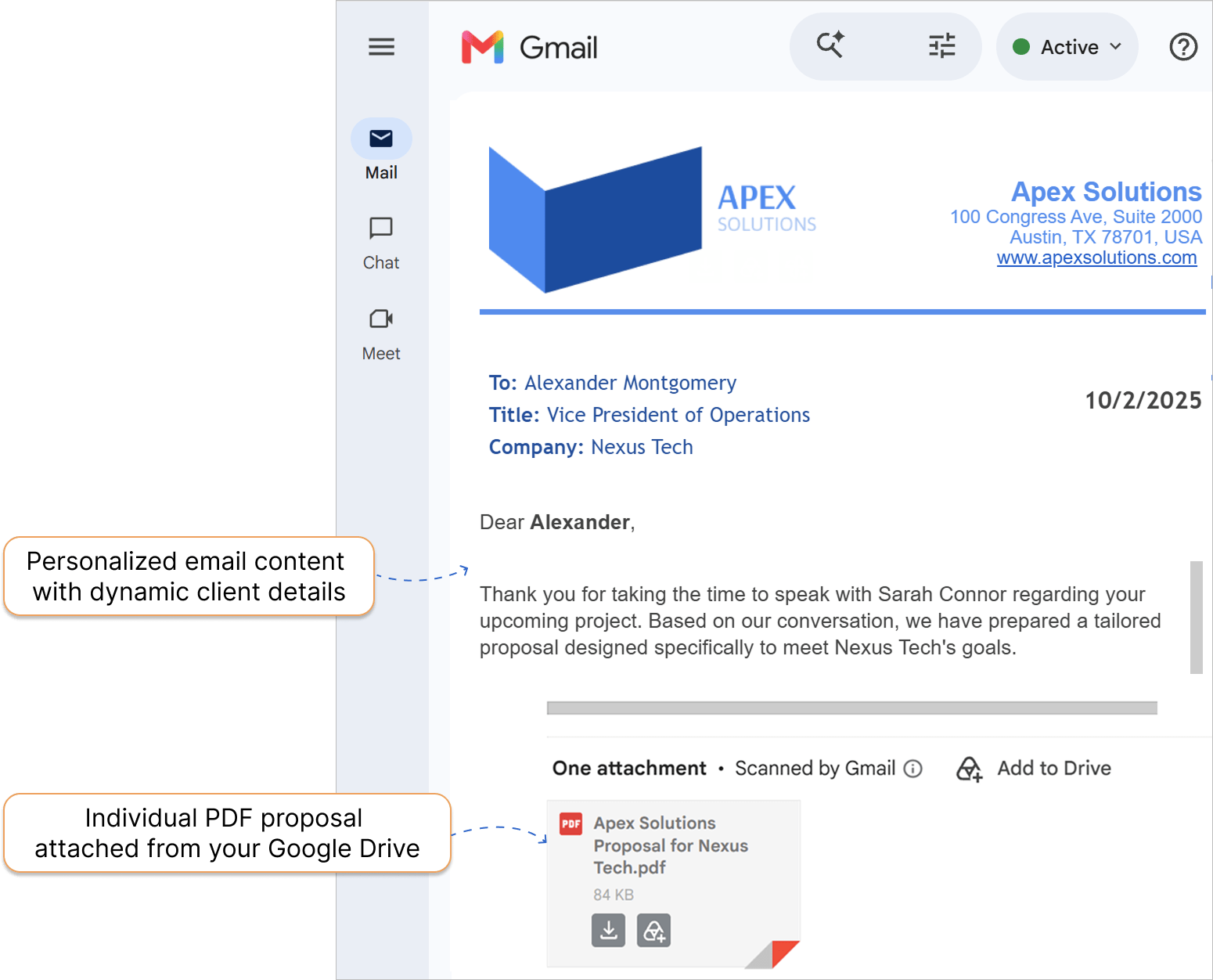 Sending personalized proposals to each client. Automatic file pairing