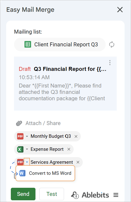 Selecting the output format for the attached file. Changing attachment format