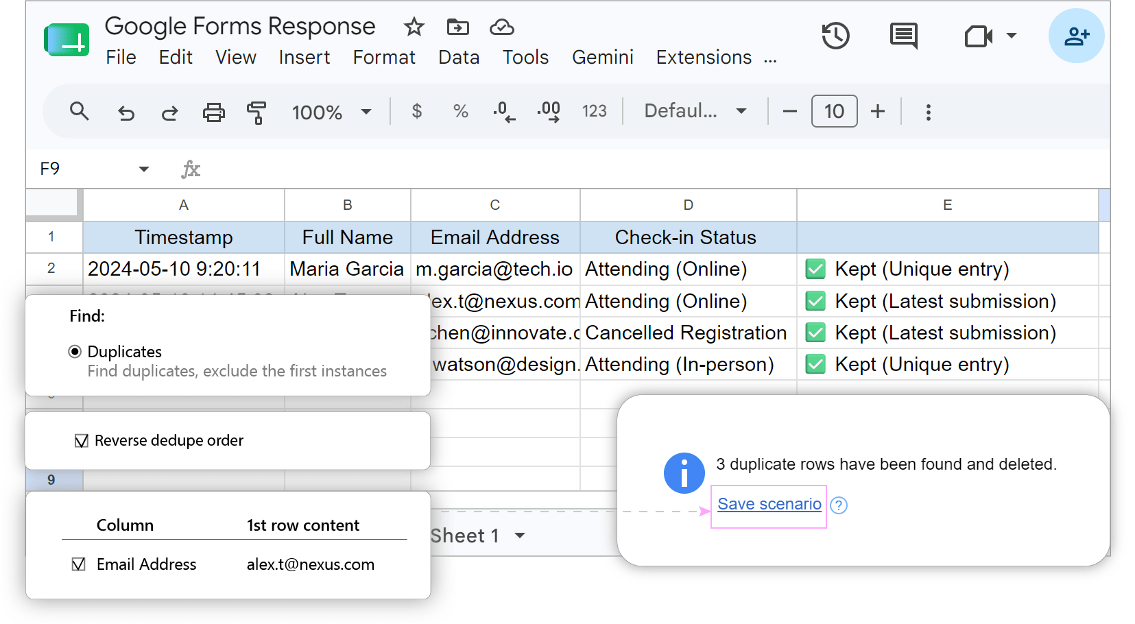 Automatically clearing duplicate entries in Google Sheets from Google Form responses with Ablebits Remove Duplicates.