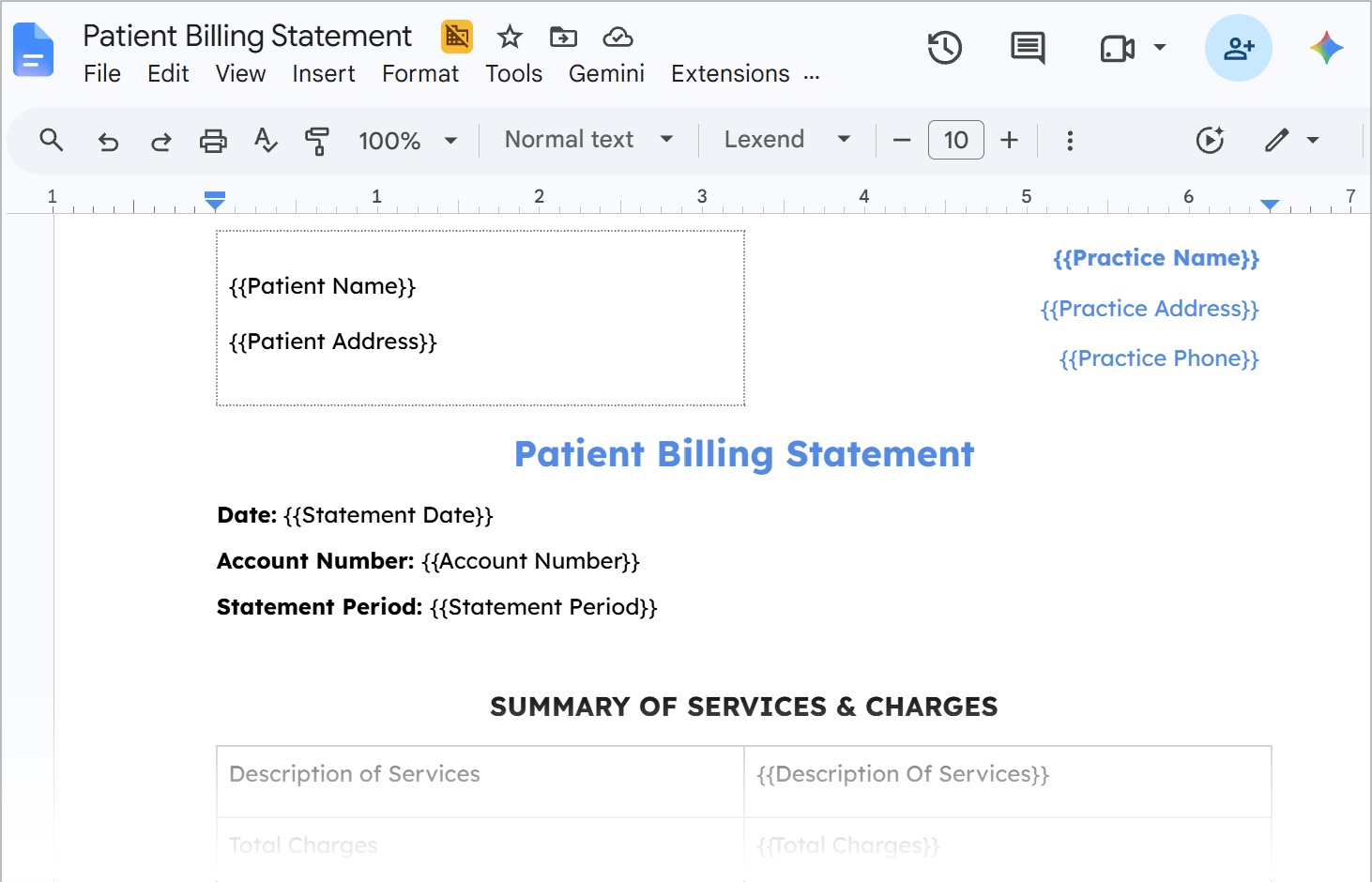 Patient billing statement template in Google Docs formatted with letterhead and address block.