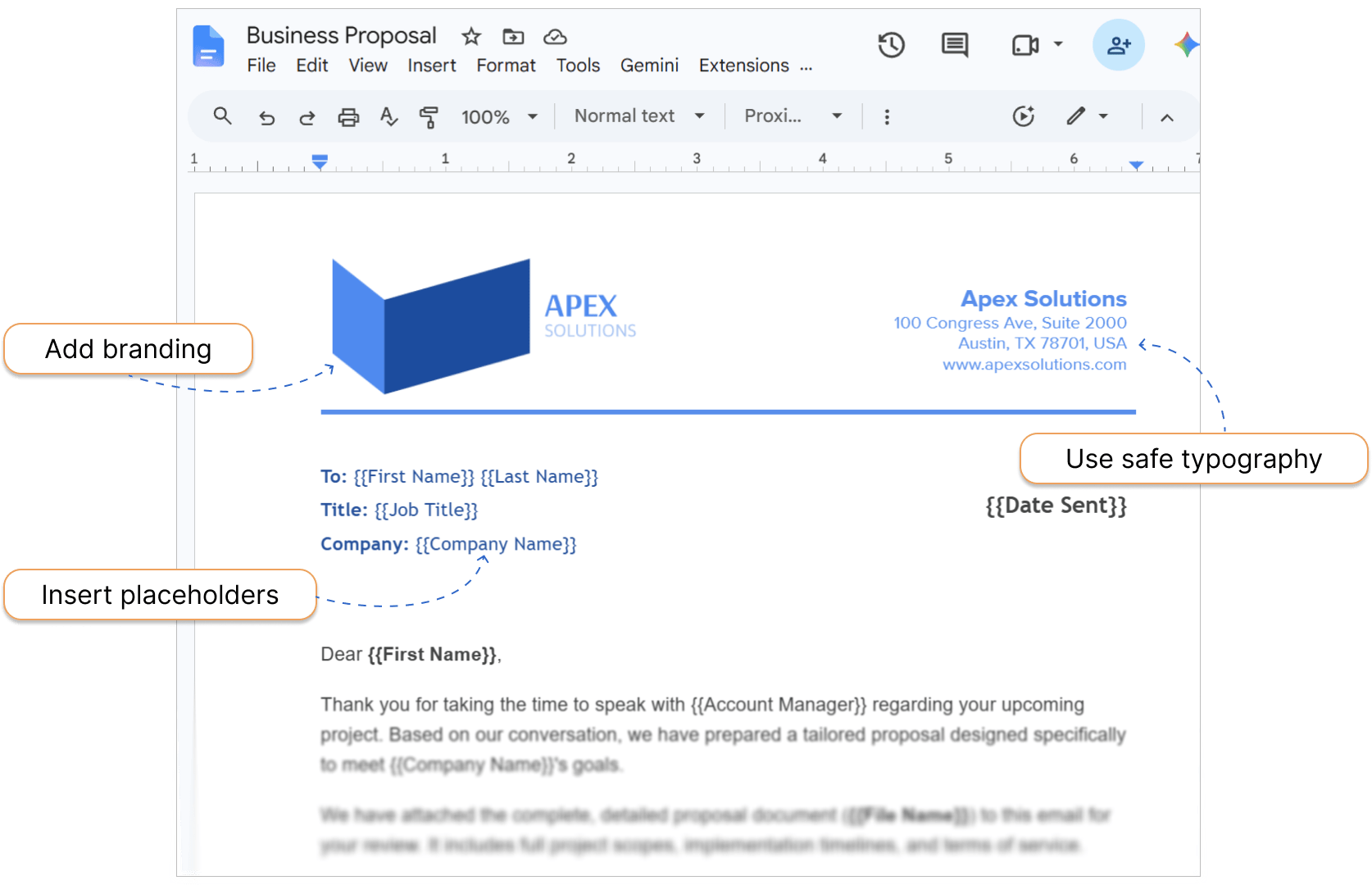 Designing a professional email template in Docs. B2B letter template in Google Docs