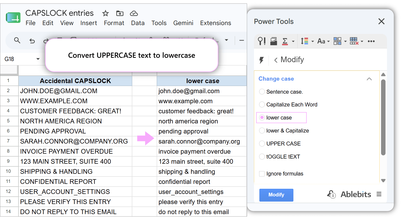 Power Tools panel with lower case option selected to convert ALL CAPS entries to lowercase.