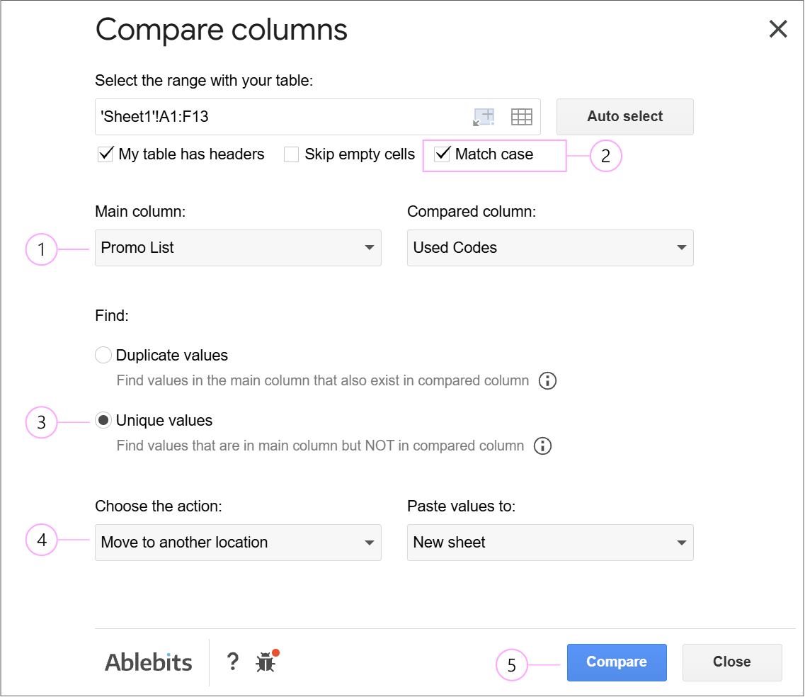 Compare Columns add-on panel with Match case checkbox enabled, Unique values selected, and Move to another location set to New sheet.