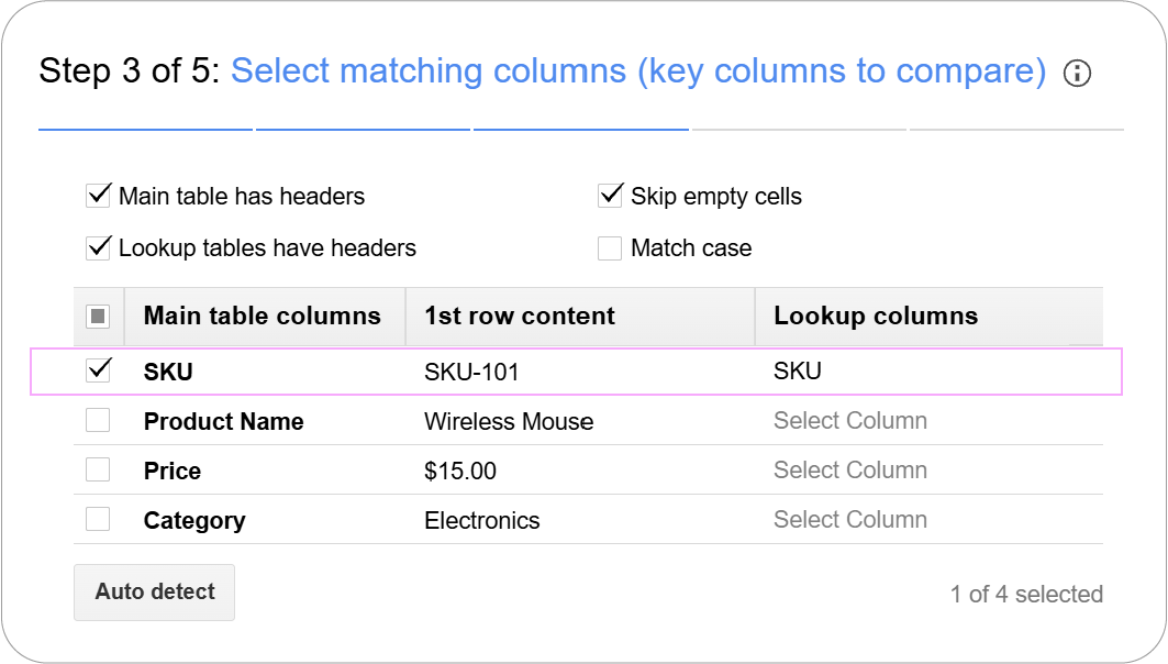 Selecting SKU key column to match records across two Google Sheets.