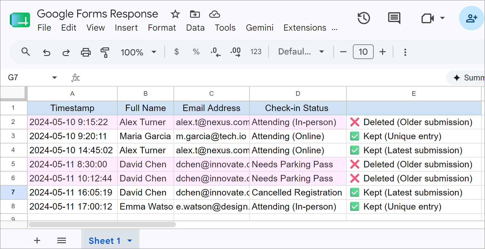 Finding and removing duplicate entries from Google Form responses in Google Sheets.