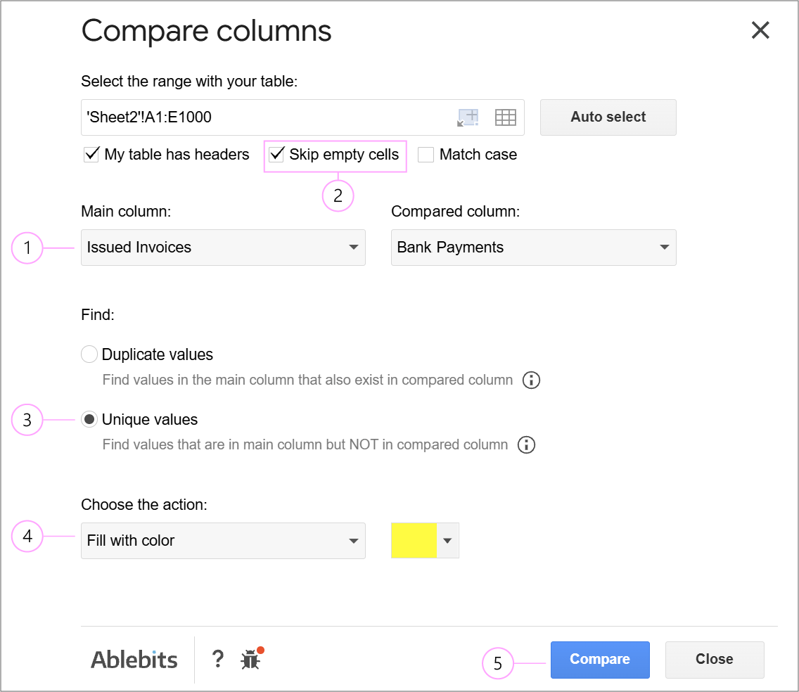 Compare Columns add-on interface with issued invoices set as main column, paid invoices as compared column, and Fill with color action selected.
