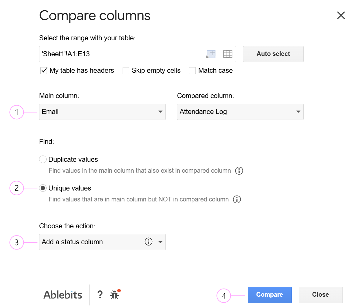 Compare Columns add-on set to Unique values mode with Add a status column action enabled to mark missing participants.