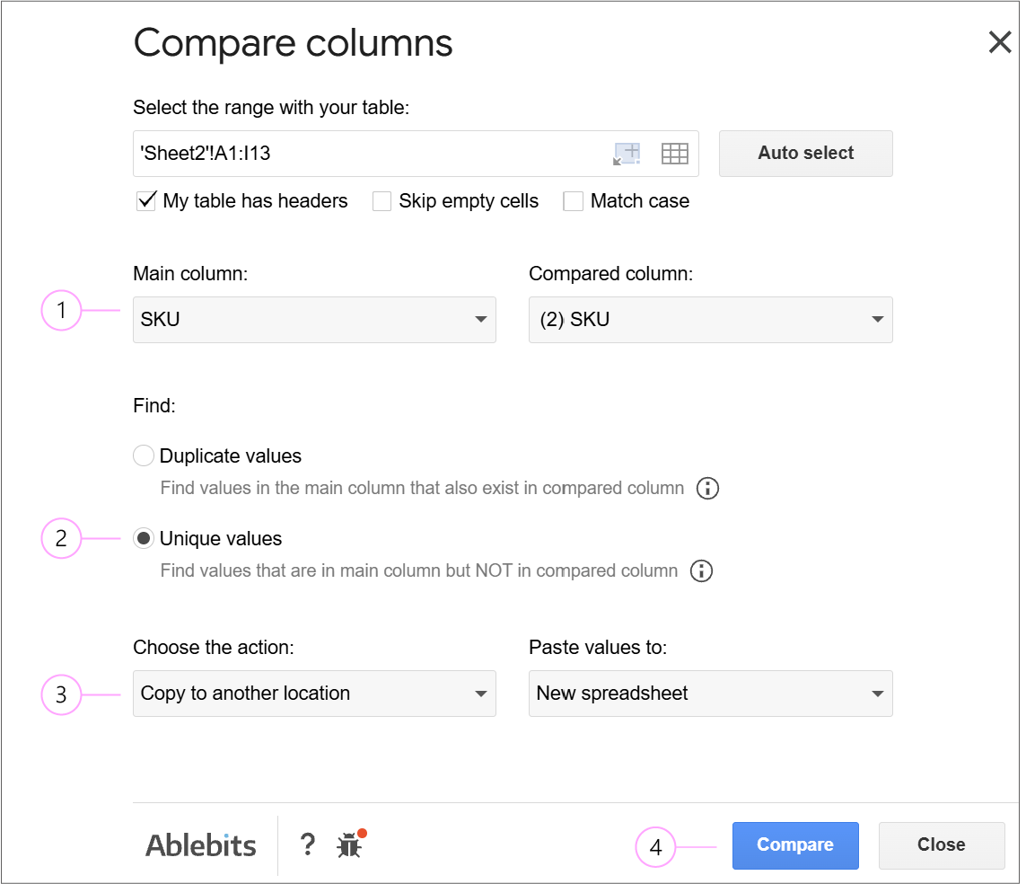 Compare Columns interface configured to find Unique values and execute Copy to another location action set to New spreadsheet.