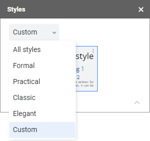 The group selector showing formal, practical, classic, elegant and custom groups.