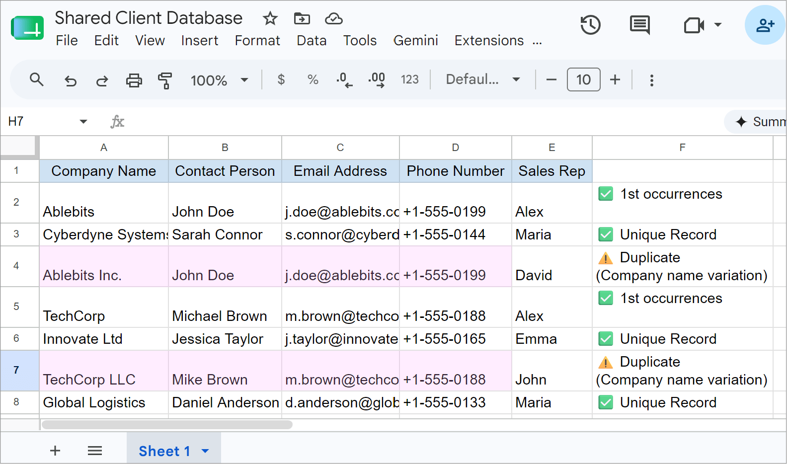 Google Sheets CRM database with duplicate client companies and slight name variations.
