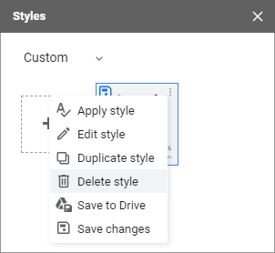 The menu for a custom style showing the Delete style option.