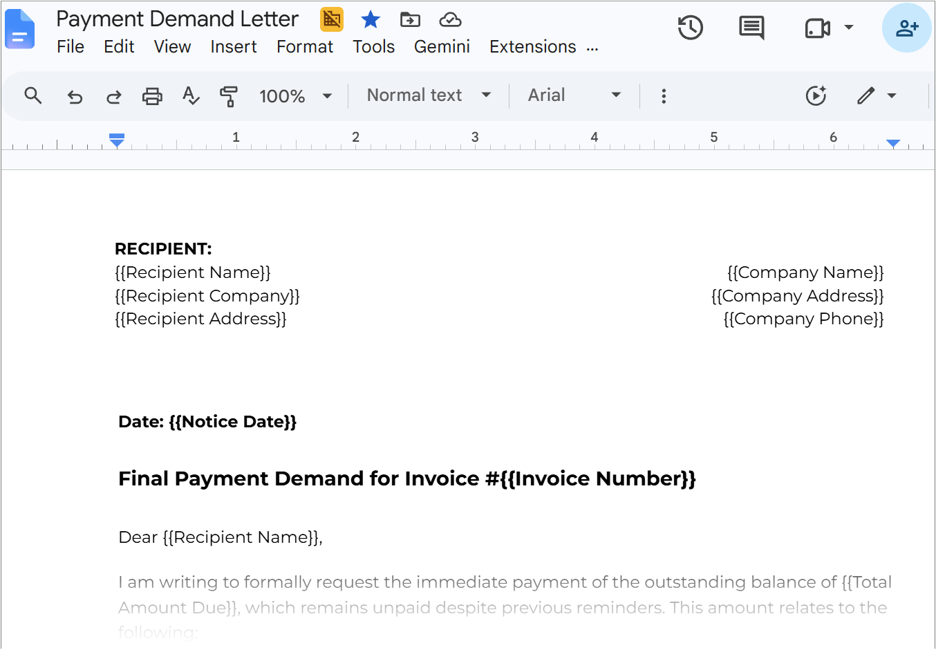 Pre-trial demand notice legal template in Google Docs with formal claim fields.