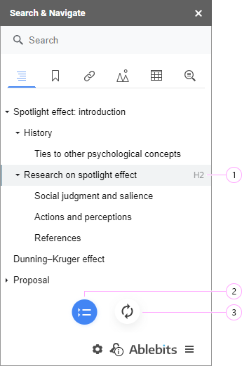 The headings tab showing a document outline as an expandable tree.