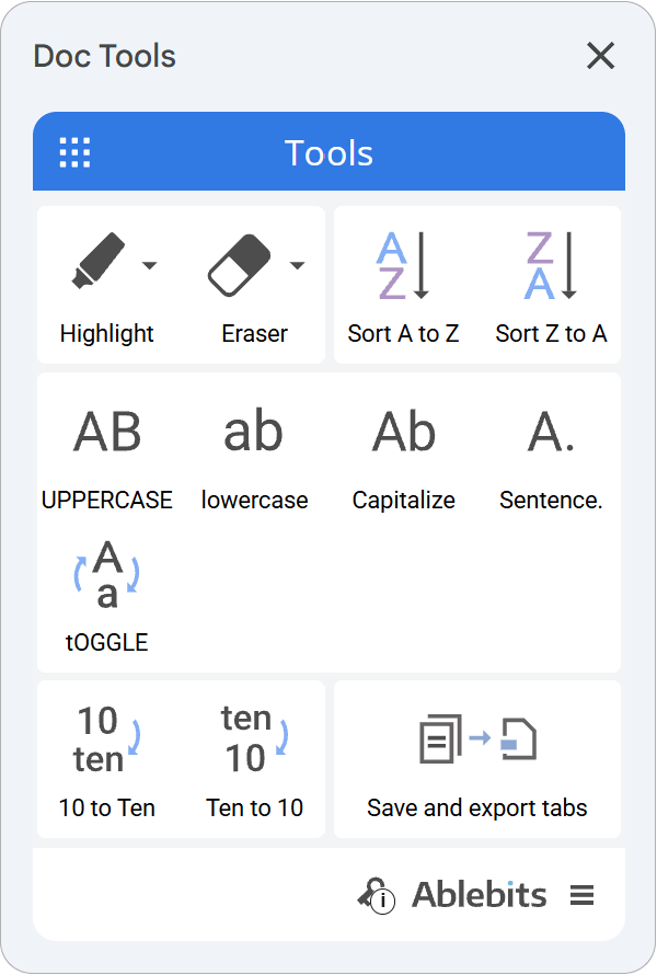 The Tools sidebar showing all eleven one-click text utilities.