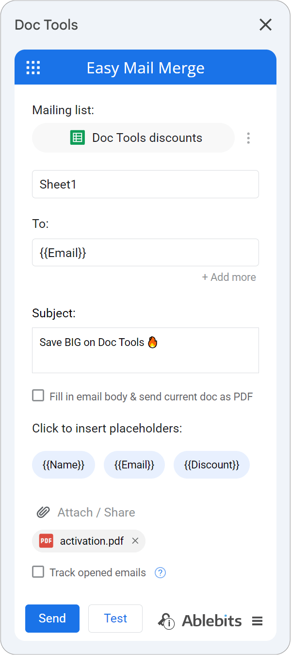The Easy Mail Merge sidebar inside the Doc Tools collection.