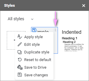 The style tile menu listing apply, edit, duplicate, reset and save commands.