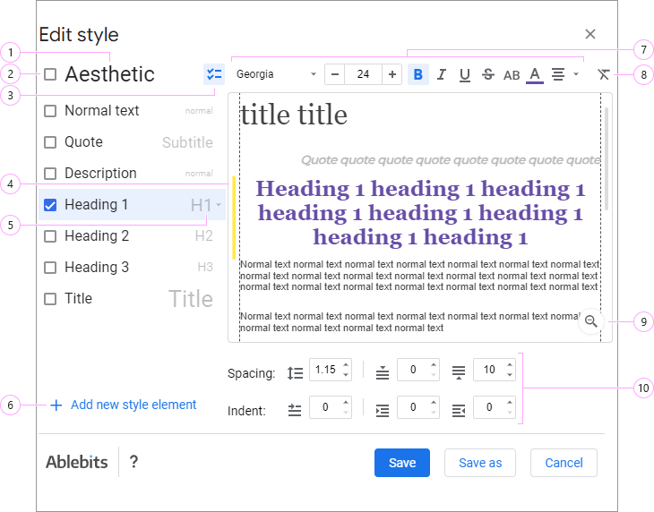 The style editor window with formatting controls surrounding a live preview.
