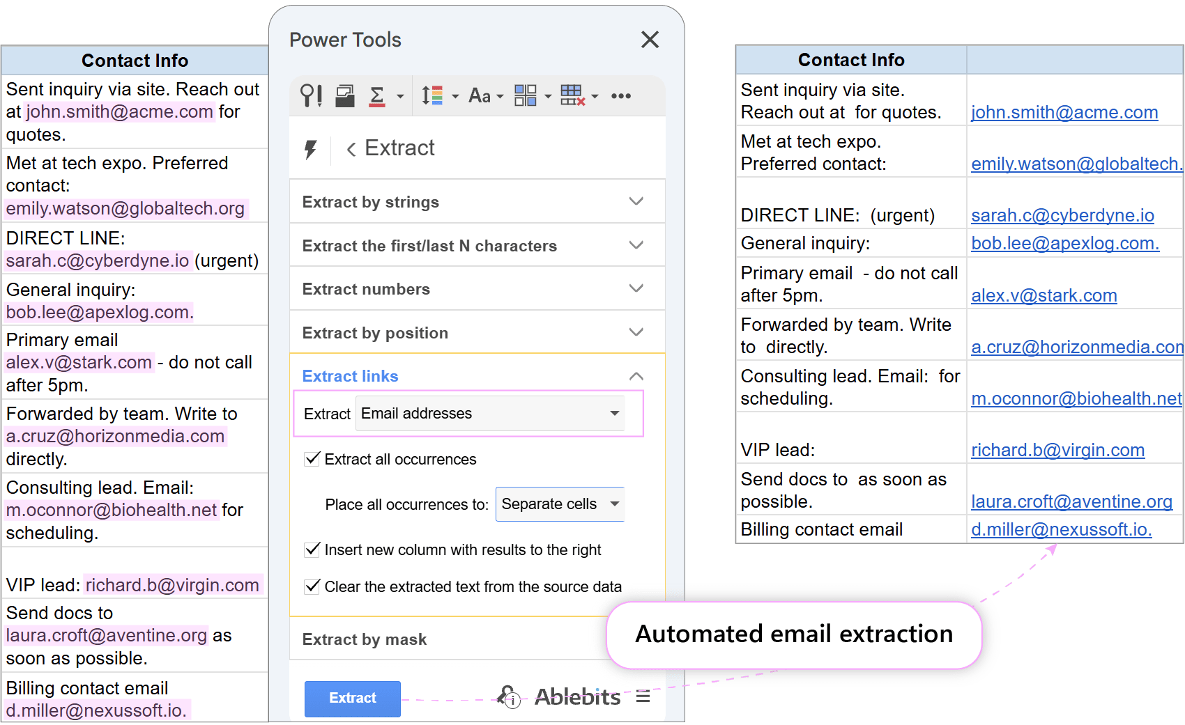 Configuring Extract tool to pull email addresses. Power Tools Extract tool panel configured to extract email addresses into a new column.