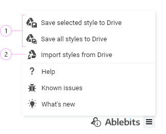 The export and import menu at the bottom of the Styles sidebar.
