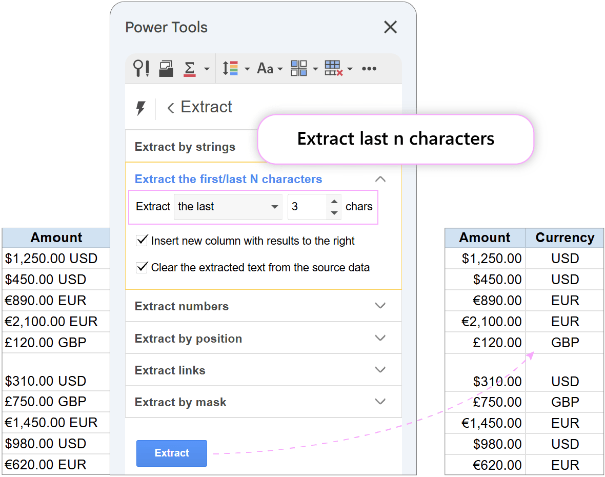 Extracting last 3 characters into a new column. Extract tool panel configured to pull the last 3 characters into a new column.