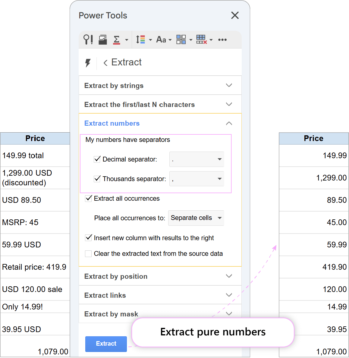 Extracting clean numeric prices from text. Extract tool configured to pull numeric price values into a new column.