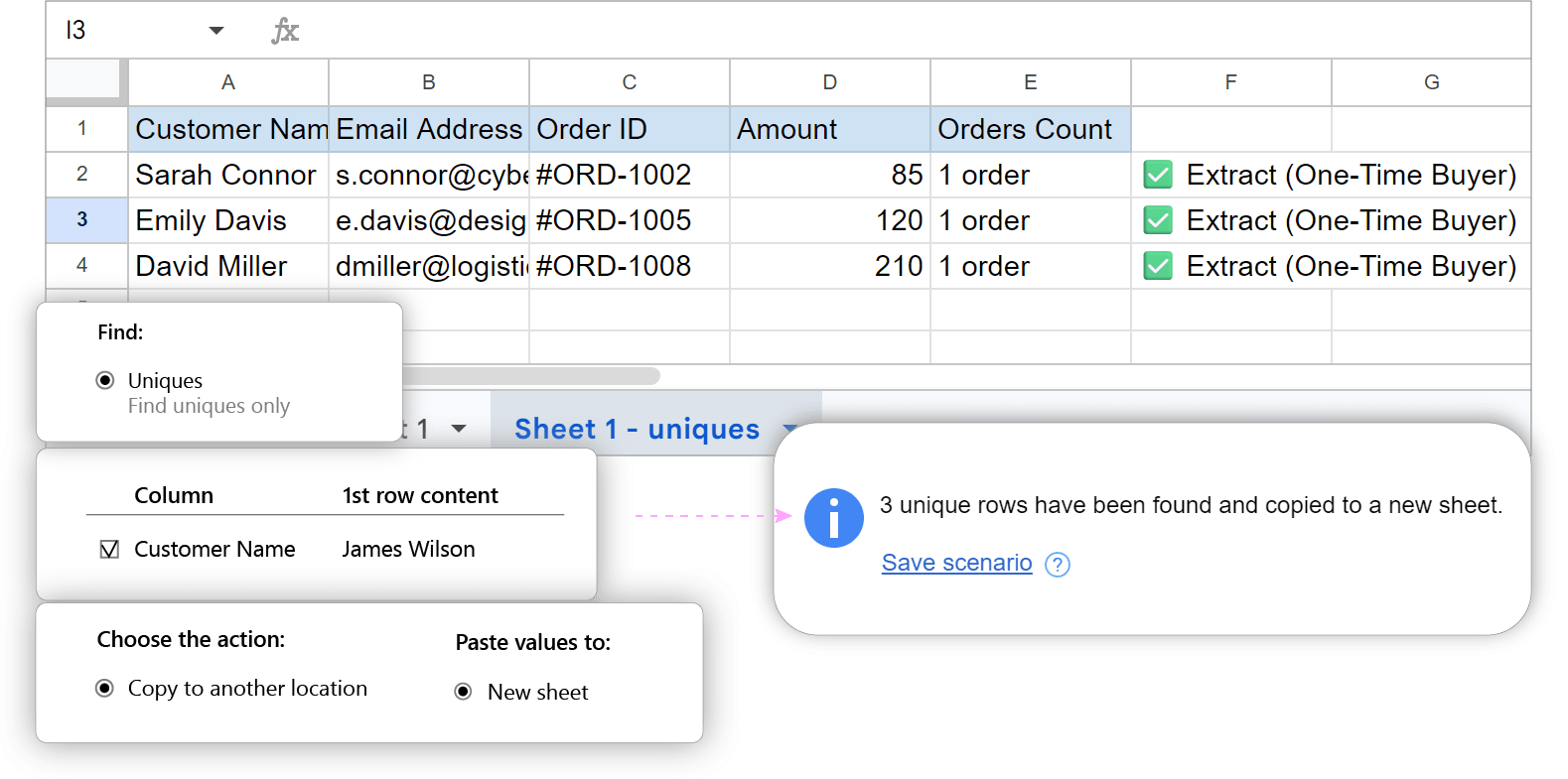 Extracting strictly one-time buyers using Uniques search mode in Ablebits Remove Duplicates.