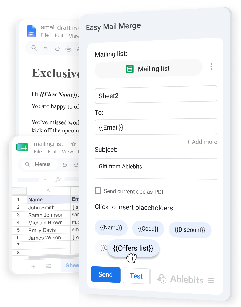 A personalized email built from a Gmail draft and Google Sheets data, ready to send.