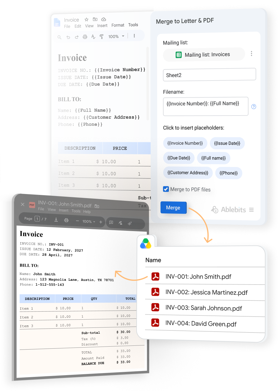 Merge to Letter & PDF settings for generating personalized documents from a Google Docs template.