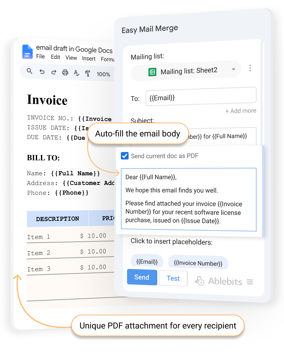 The option to attach the current document as a personalized PDF to each email.