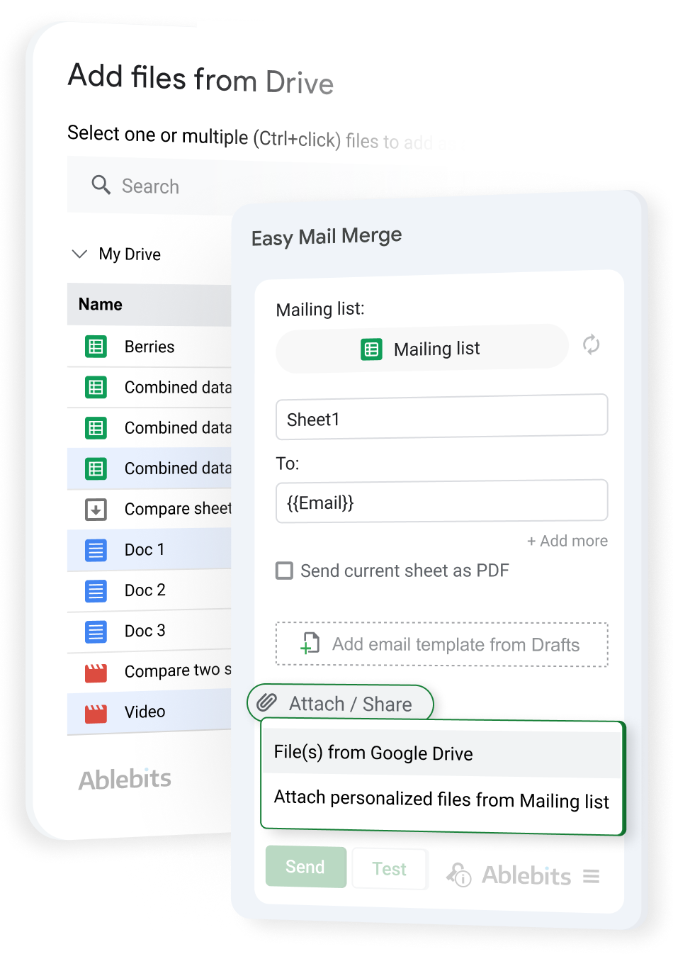 Attachment settings for adding a unique file or Drive link to each recipient’s email.