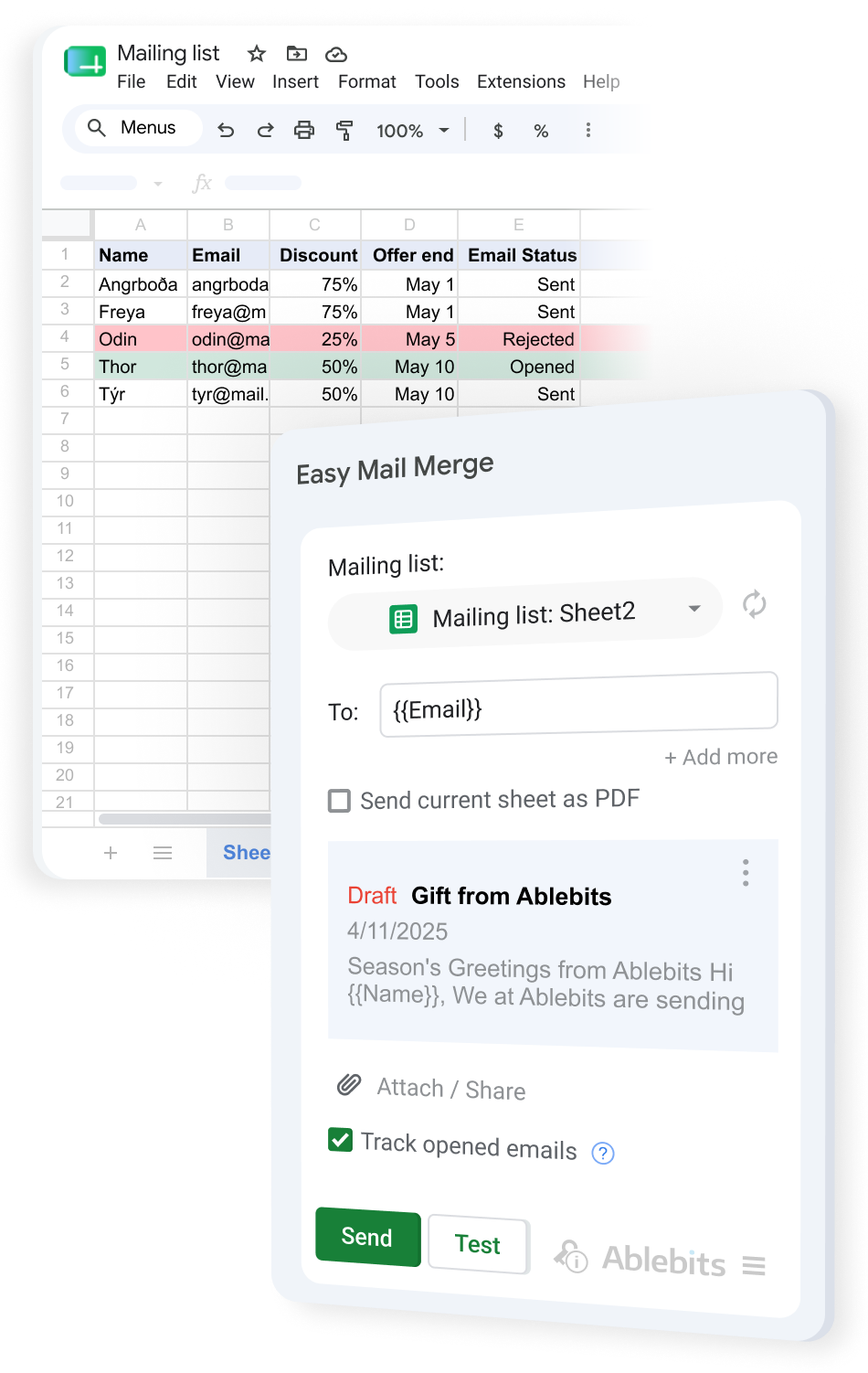 A mailing list in Google Sheets with a status column showing Sent, Opened, Replied and Bounced.