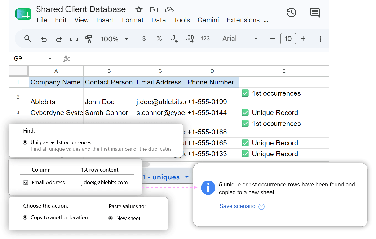 Finding uniques and 1st occurrences with Ablebits Remove Duplicates to consolidate client databases.