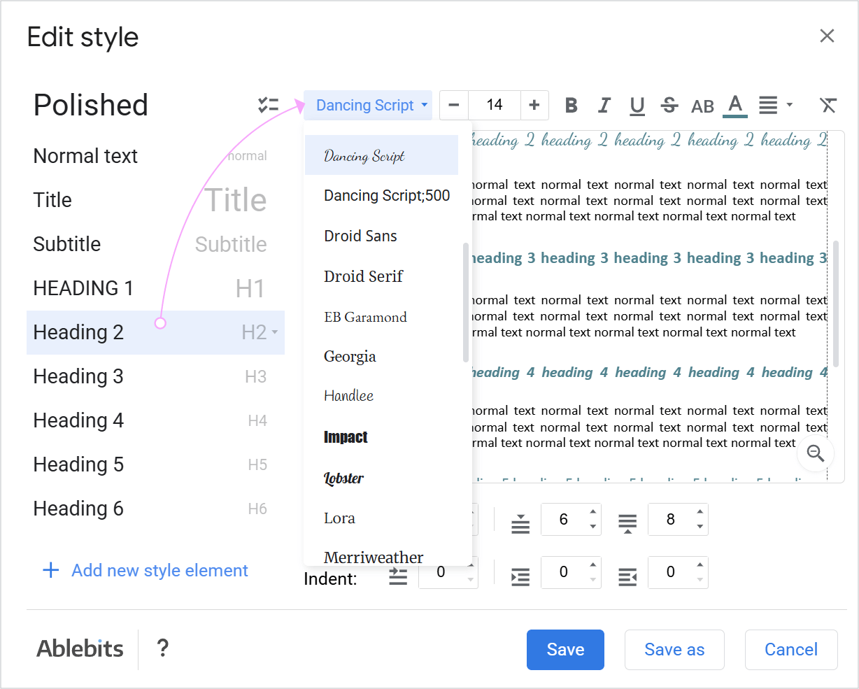 The style editor font drop-down listing the newly saved custom font.