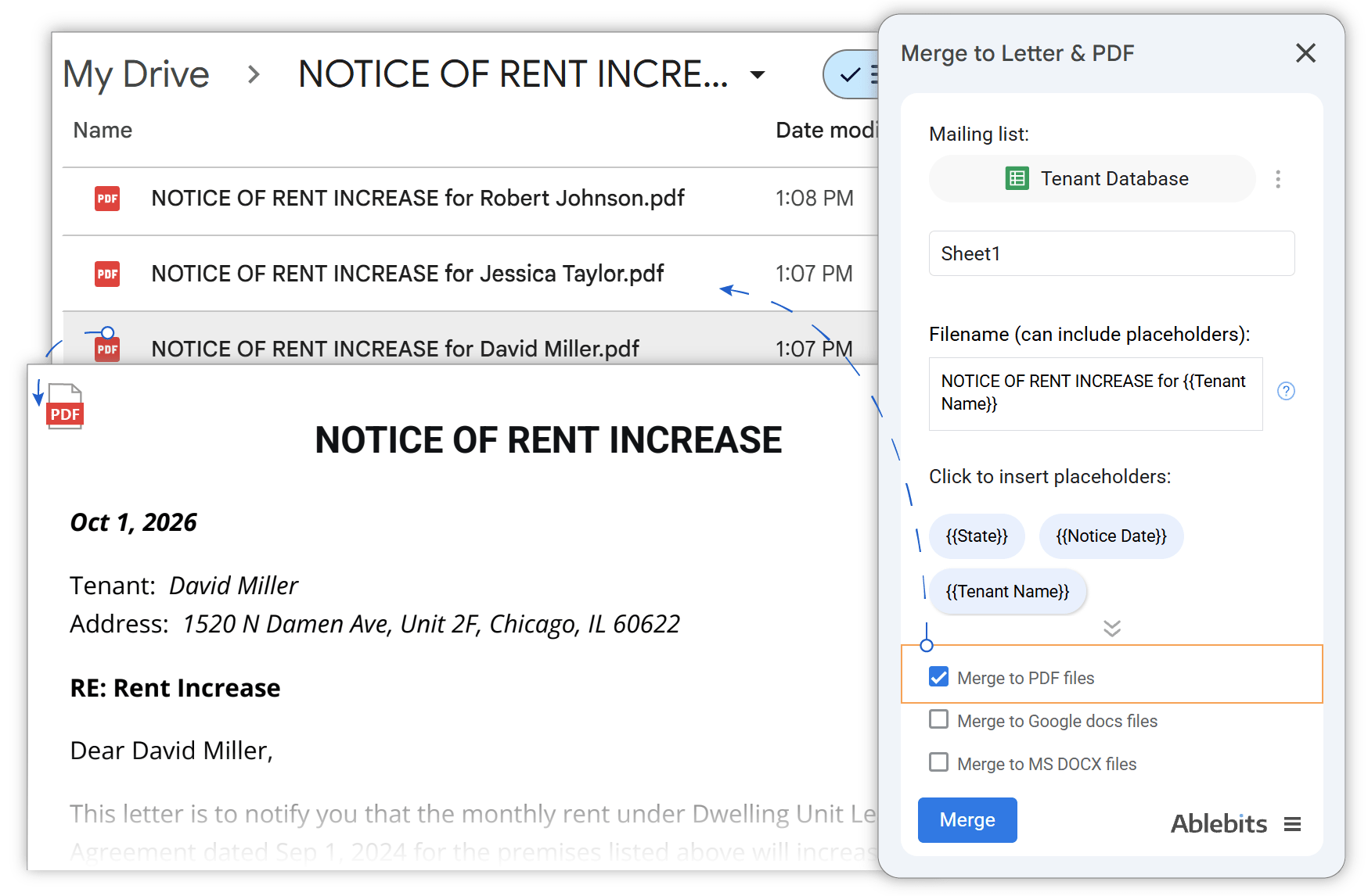 Easy Mail Merge generating individual PDF rent increase notices saved into Google Drive.