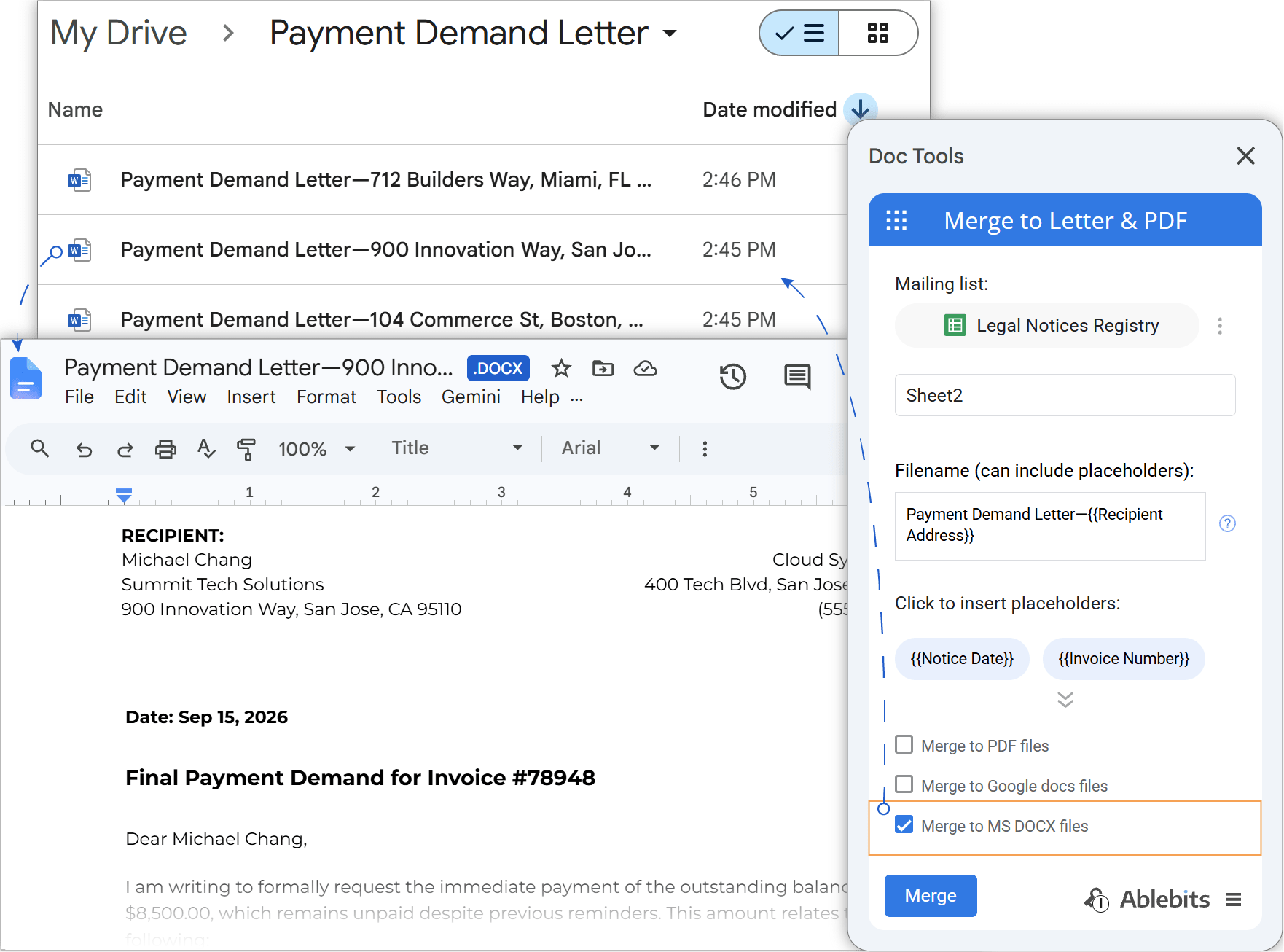 Generating bulk legal demand letters into individual Google Docs and PDF files.
