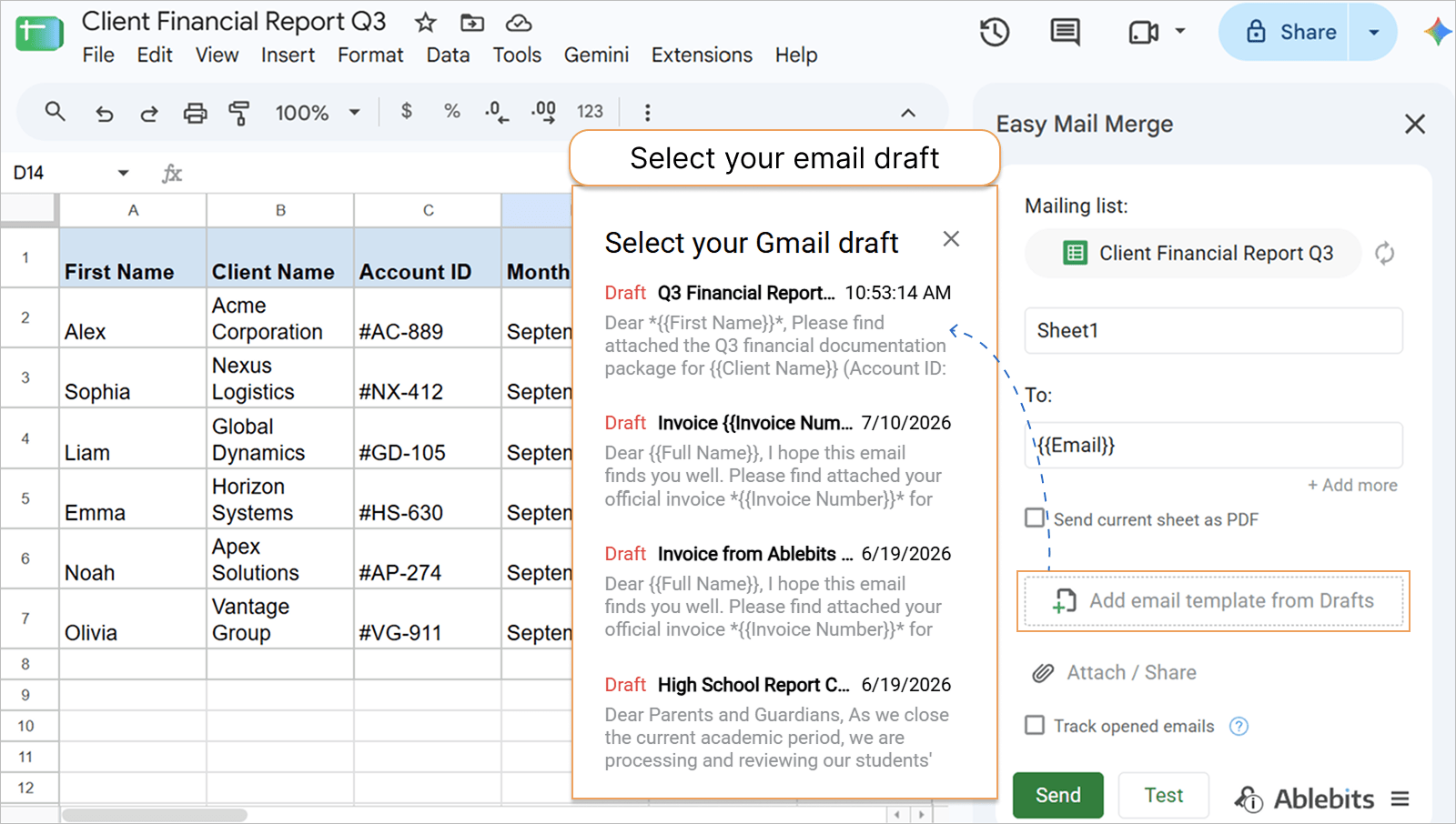 Choosing a pre-written draft from Gmail. Selecting a Gmail draft