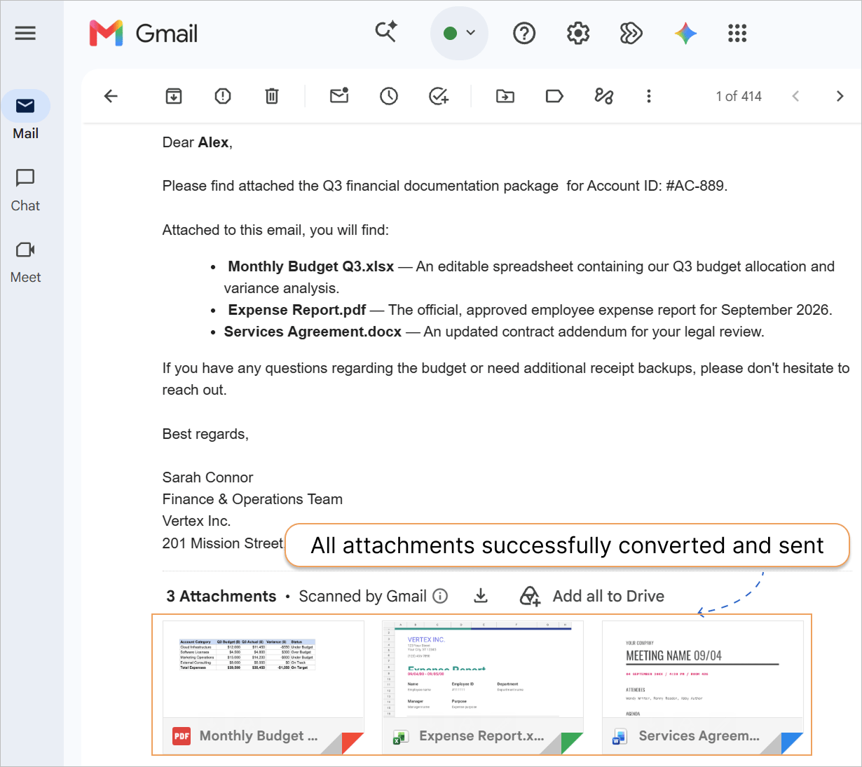 The final email containing files in different formats. Email with various attachments
