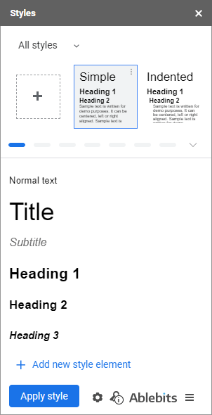 The Styles sidebar in Google Docs showing style tiles above a preview area.