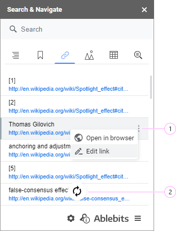 The links tab listing every hyperlink found in the document.