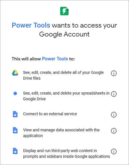 The Google consent screen listing the permissions an add-on requests
