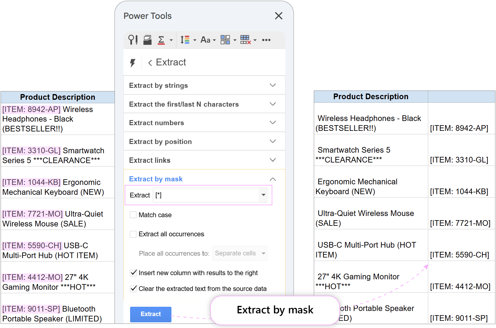 Extracting internal product codes by mask. Extract tool interface configured with Extract by mask option to isolate bracketed codes.