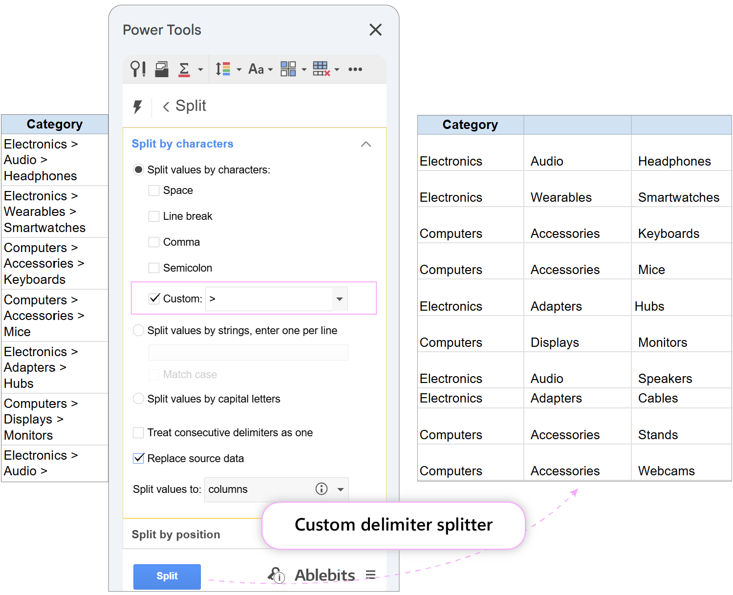 Splitting category paths by delimiter. Split tool interface configured to divide category strings by character delimiter.