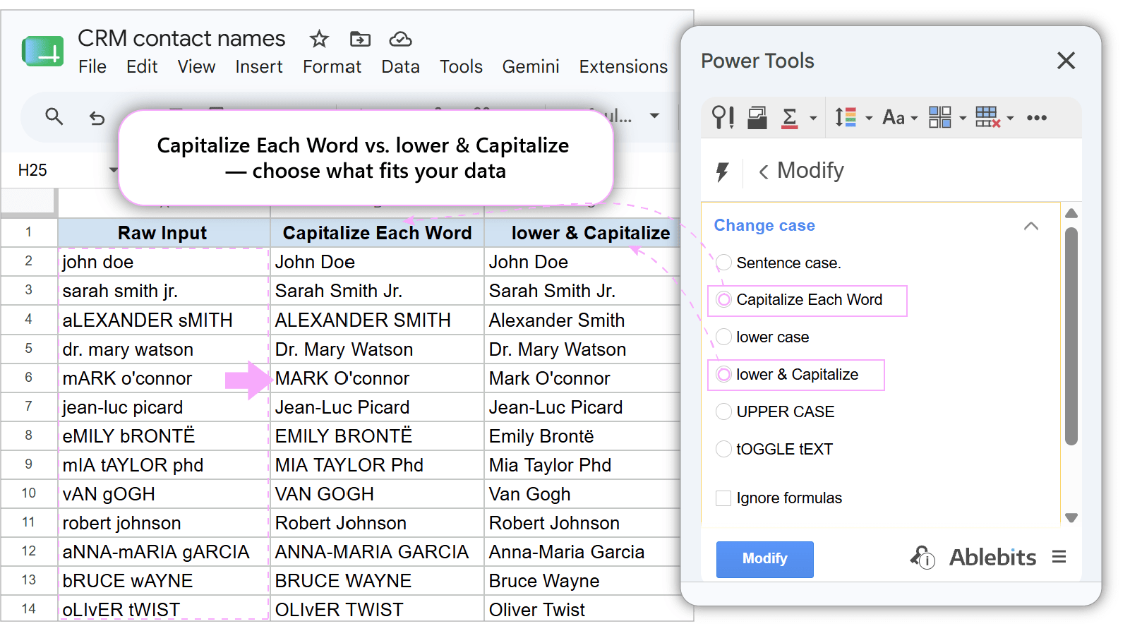 Power Tools Change Case utility configured with Capitalize Each Word option to convert contact names.