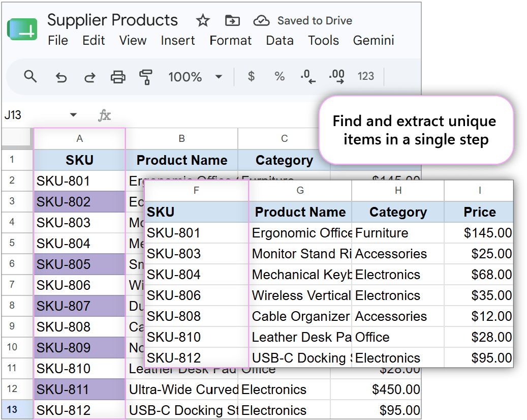 Google Sheets document comparing new supplier product export against current internal store catalog.