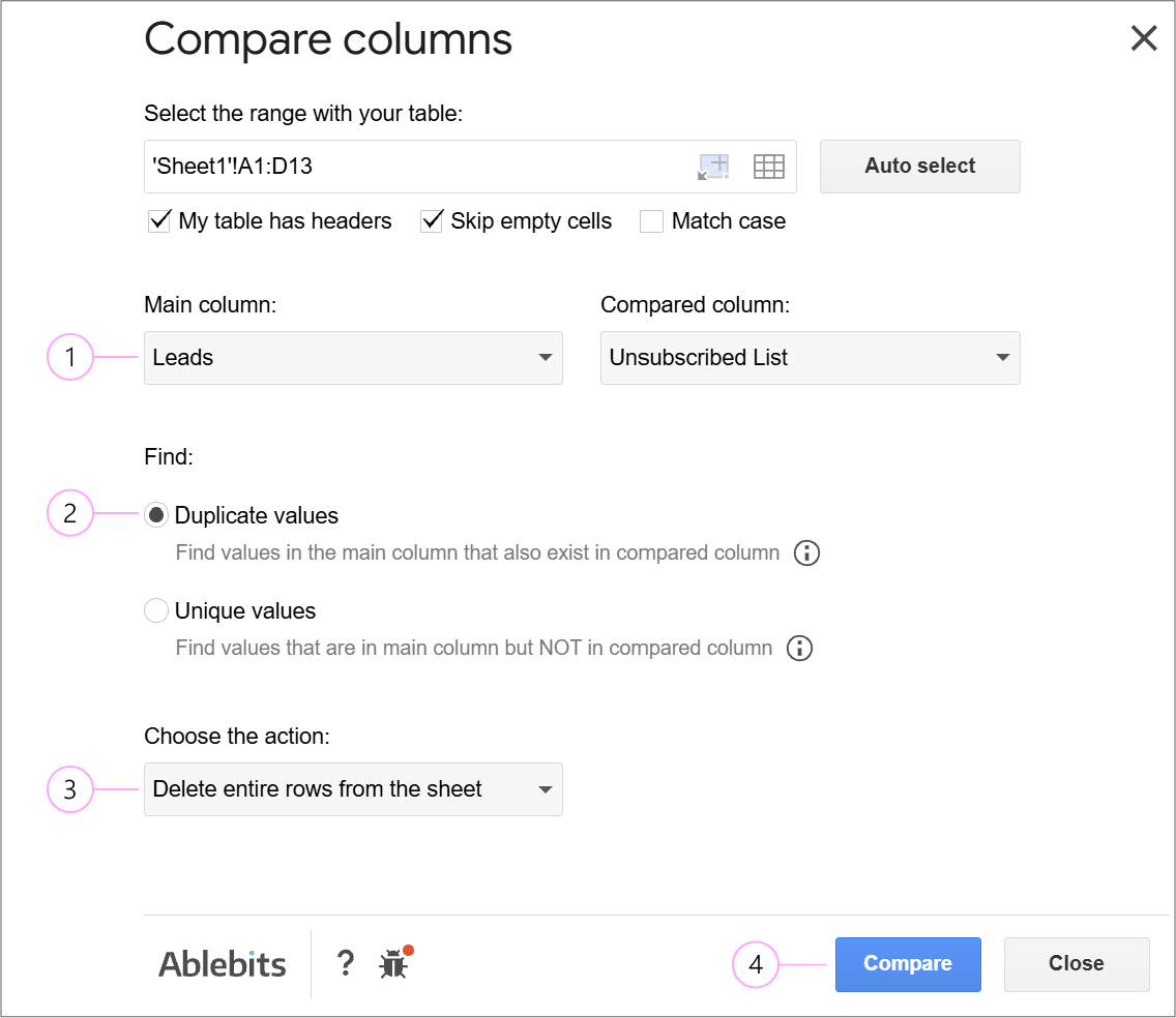 Compare Columns panel configured with Duplicate values comparison mode and Delete entire rows action to scrub unsubscribed emails.