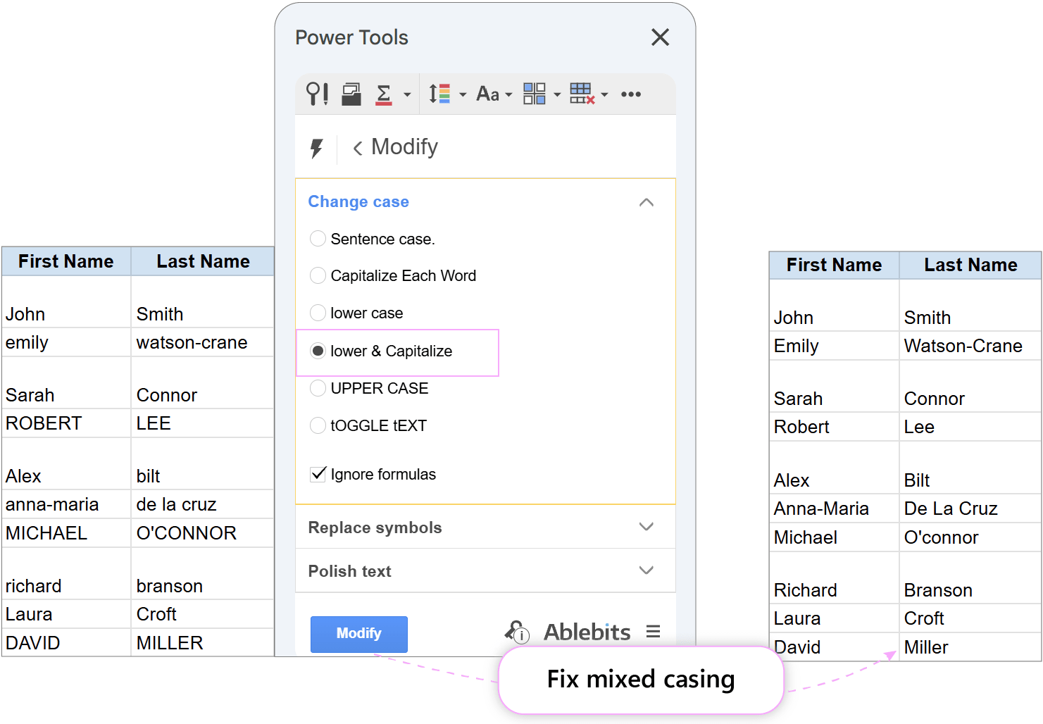 Standardizing text capitalization with Modify tool. Modify tool panel configured with Capitalize Each Word option to fix name capitalization.