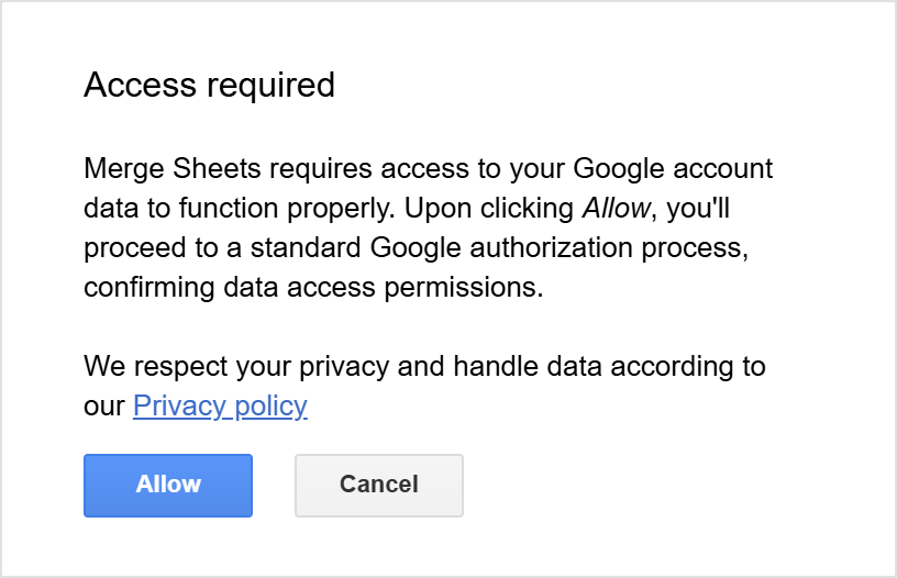 Granting permission for Process Sheets to run Merge Sheets scenarios on a schedule. Google permissions dialog for Process Sheets service showing the data access scope required to run scheduled merges in the background.