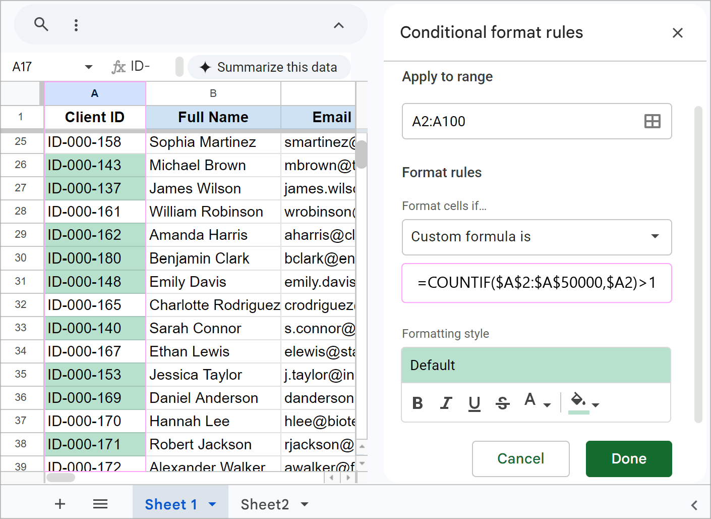 Google Sheets conditional formatting rule using COUNTIF formula to highlight duplicates.